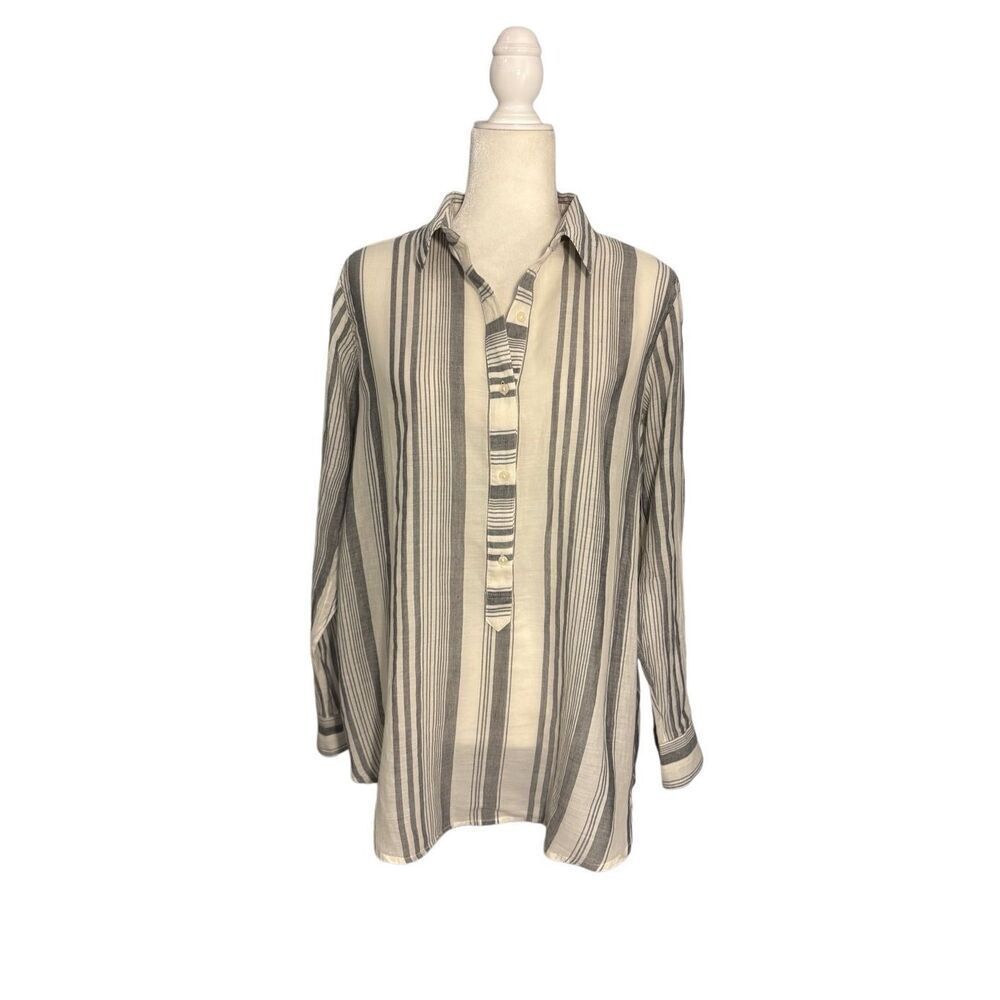 Lucky Brand gray and white striped long sleeve cotton 1/2 button blouse - M